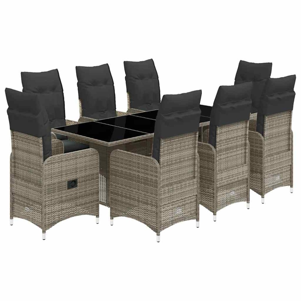 vidaXL Set bistro de grădină cu perne, 9 piese, gri, poliratan