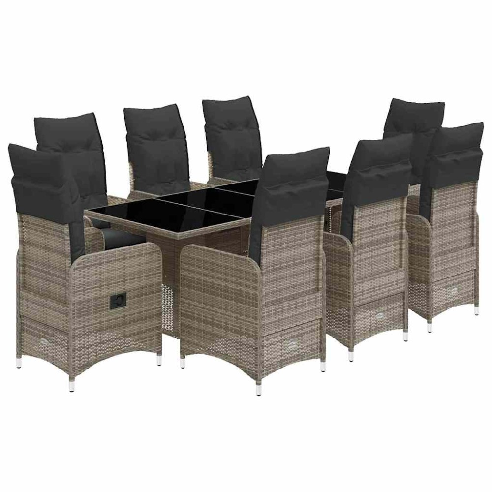 vidaXL Set bistro de grădină cu perne, 9 piese, gri, poliratan