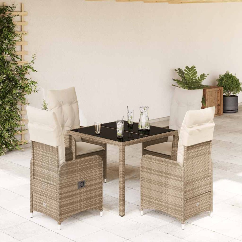 vidaXL Set bistro de grădină, 5 piese, cu perne, bej, poliratan