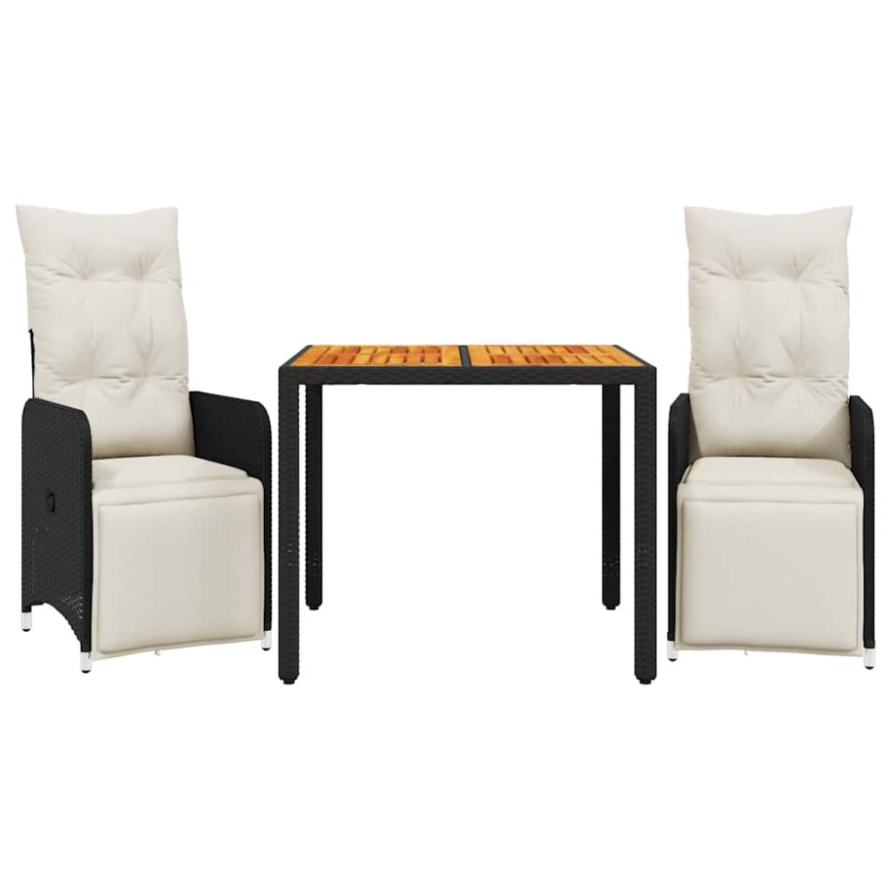 vidaXL Set bistro de grădină cu perne, 3 piese, negru, poliratan