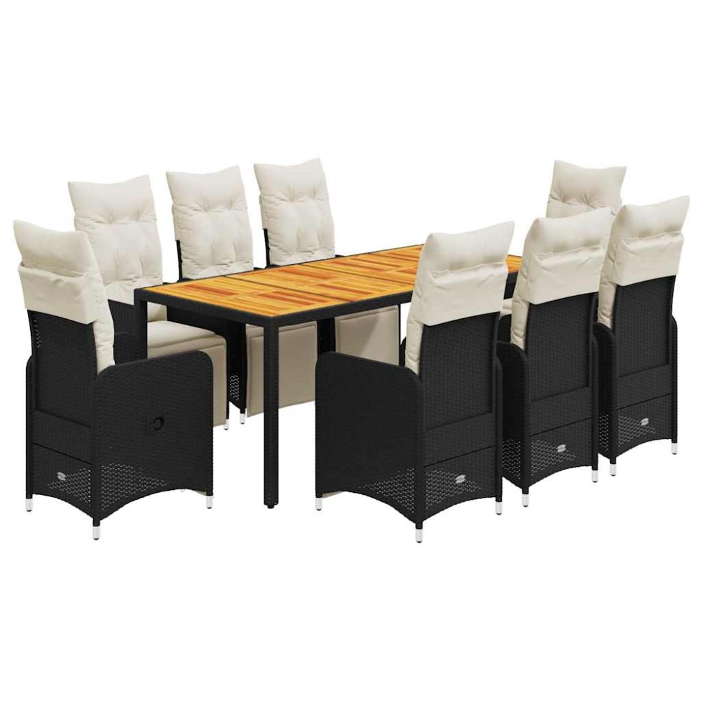vidaXL Set bistro de grădină, 9 piese, cu perne, negru, poliratan
