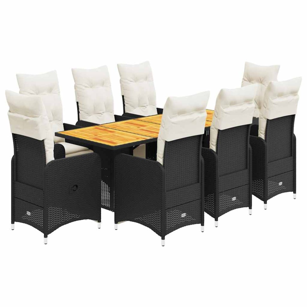 vidaXL Set bistro de grădină, 9 piese, cu perne, negru, poliratan