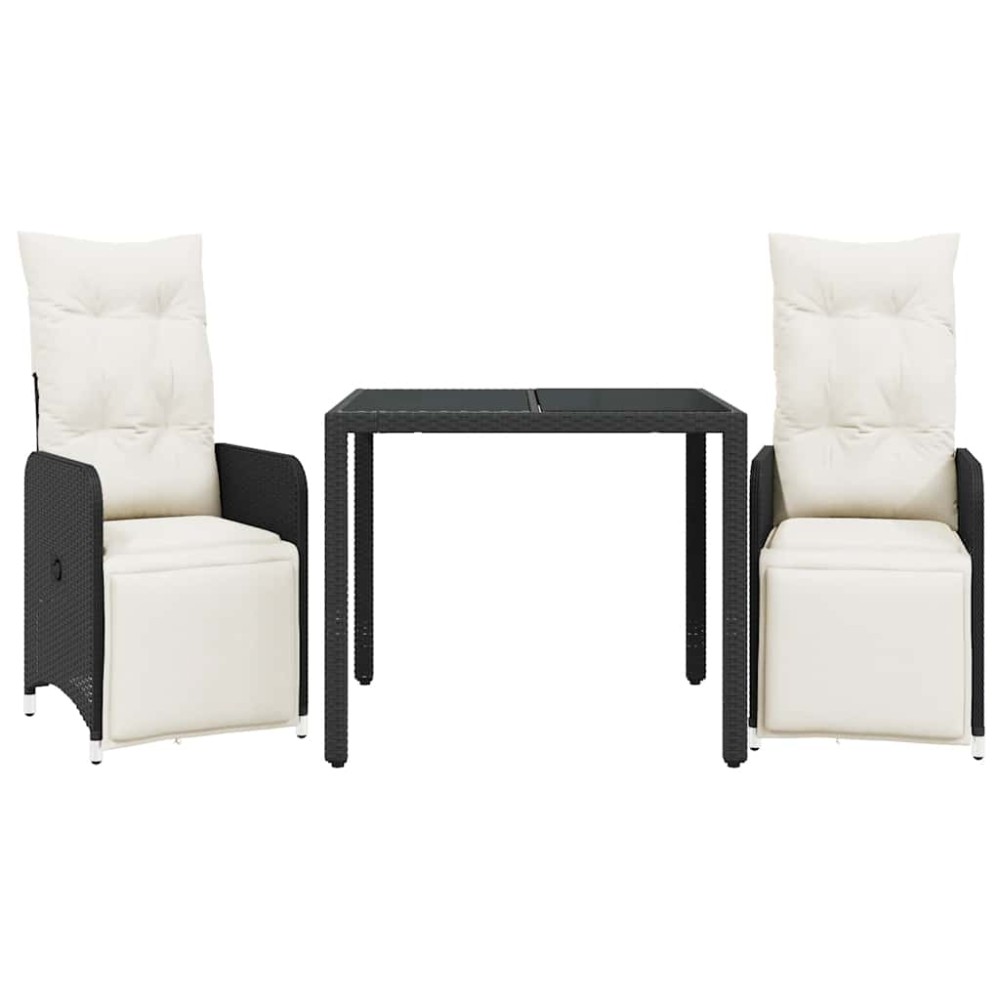vidaXL Set bistro de grădină cu perne, 3 piese, negru, poliratan