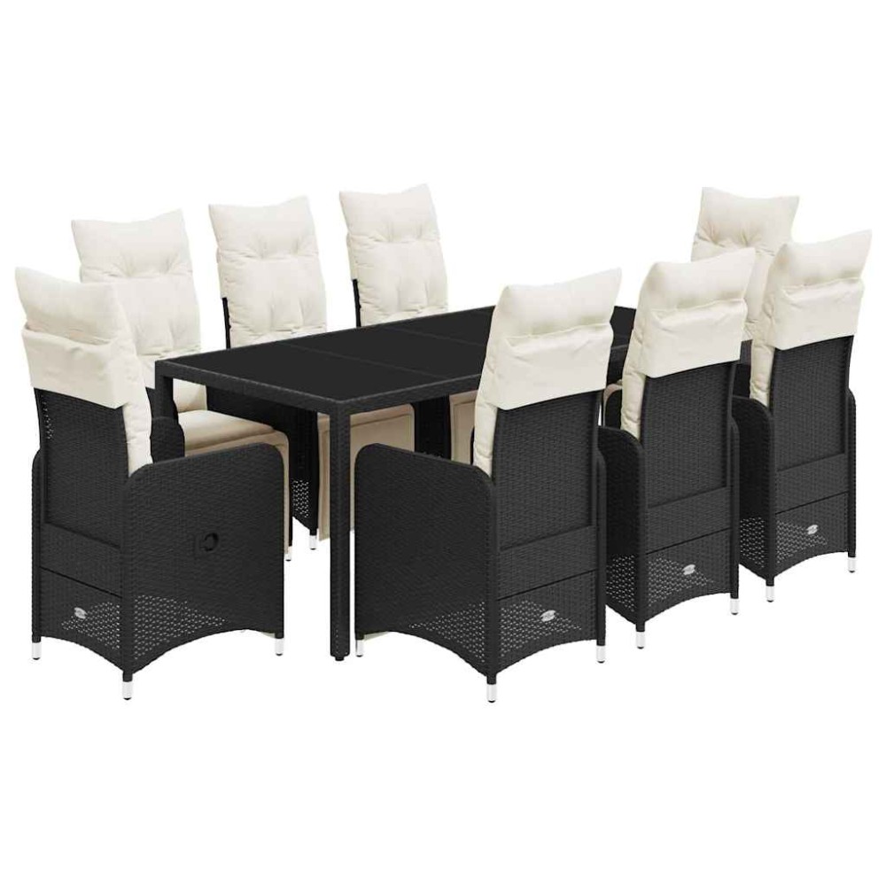 vidaXL Set bistro de grădină, 9 piese, cu perne, negru, poliratan