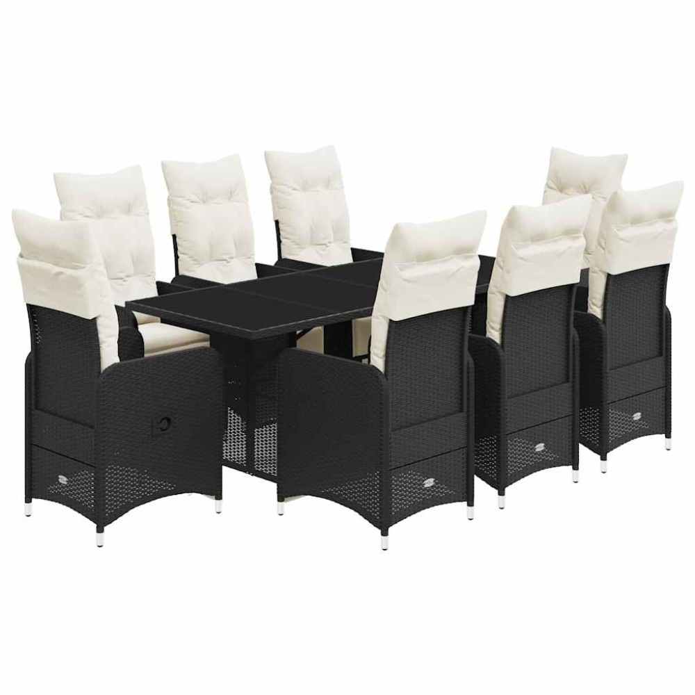 vidaXL Set bistro de grădină, 9 piese, cu perne, negru, poliratan