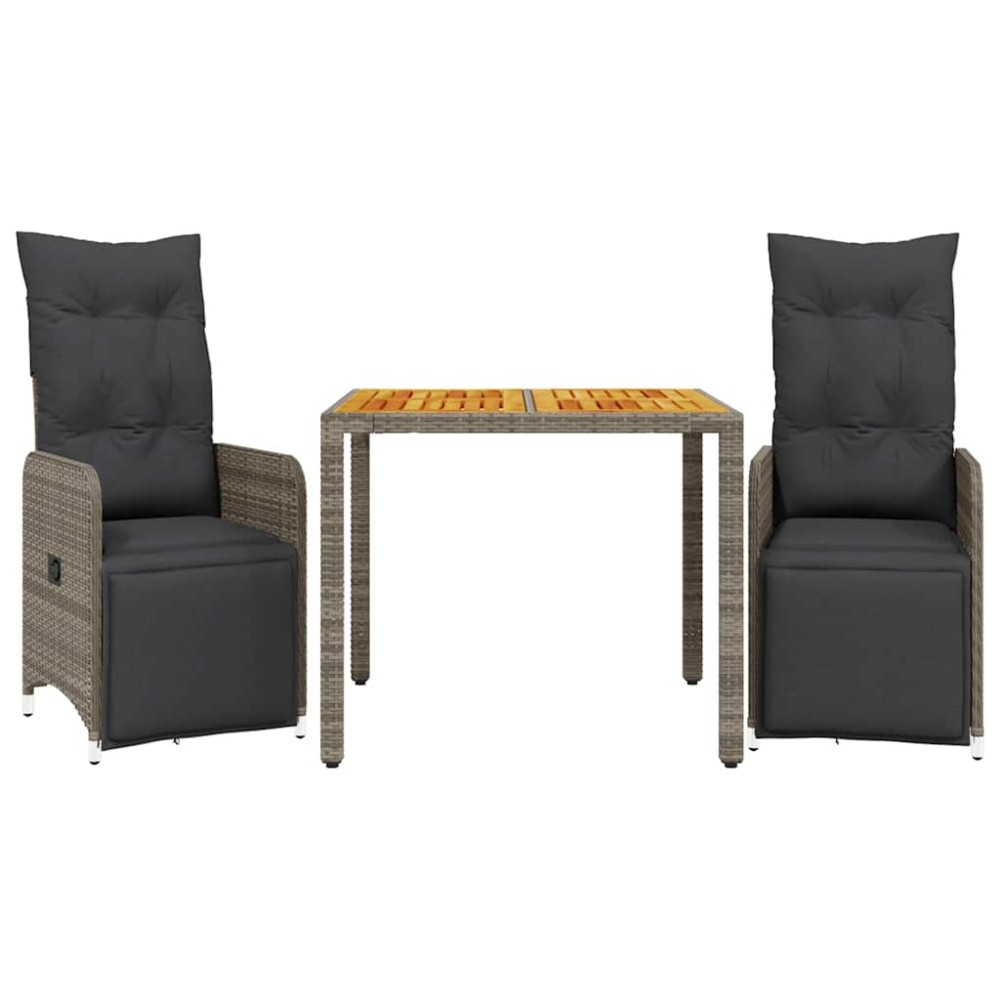 vidaXL Set bistro de grădină cu perne, 3 piese, gri, poliratan