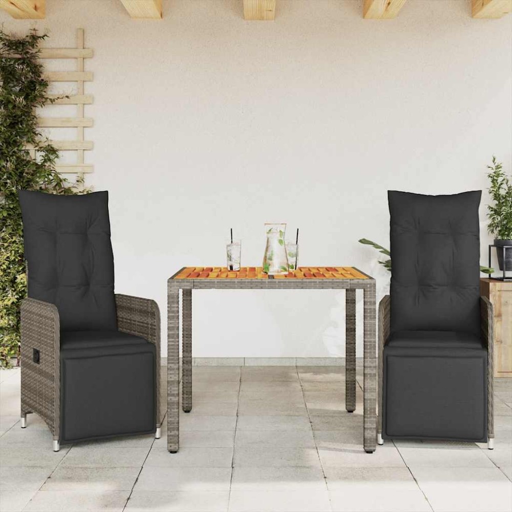 vidaXL Set bistro de grădină cu perne, 3 piese, gri, poliratan
