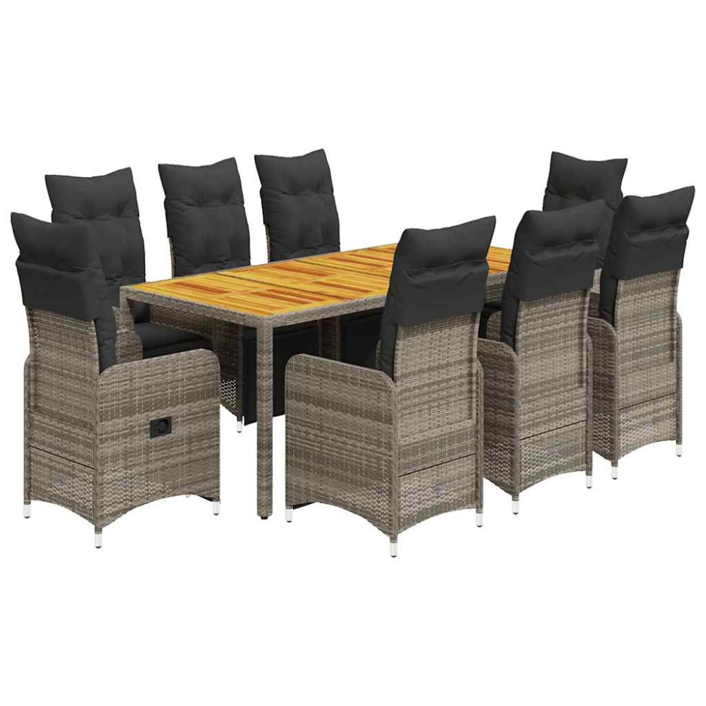 vidaXL Set bistro de grădină cu perne, 9 piese, gri, poliratan