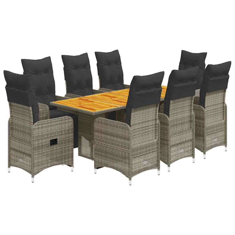 vidaXL Set bistro de grădină cu perne, 9 piese, gri, poliratan