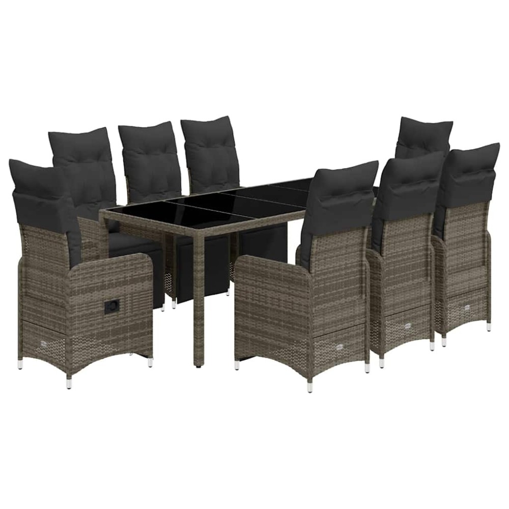 vidaXL Set bistro de grădină cu perne, 9 piese, gri, poliratan