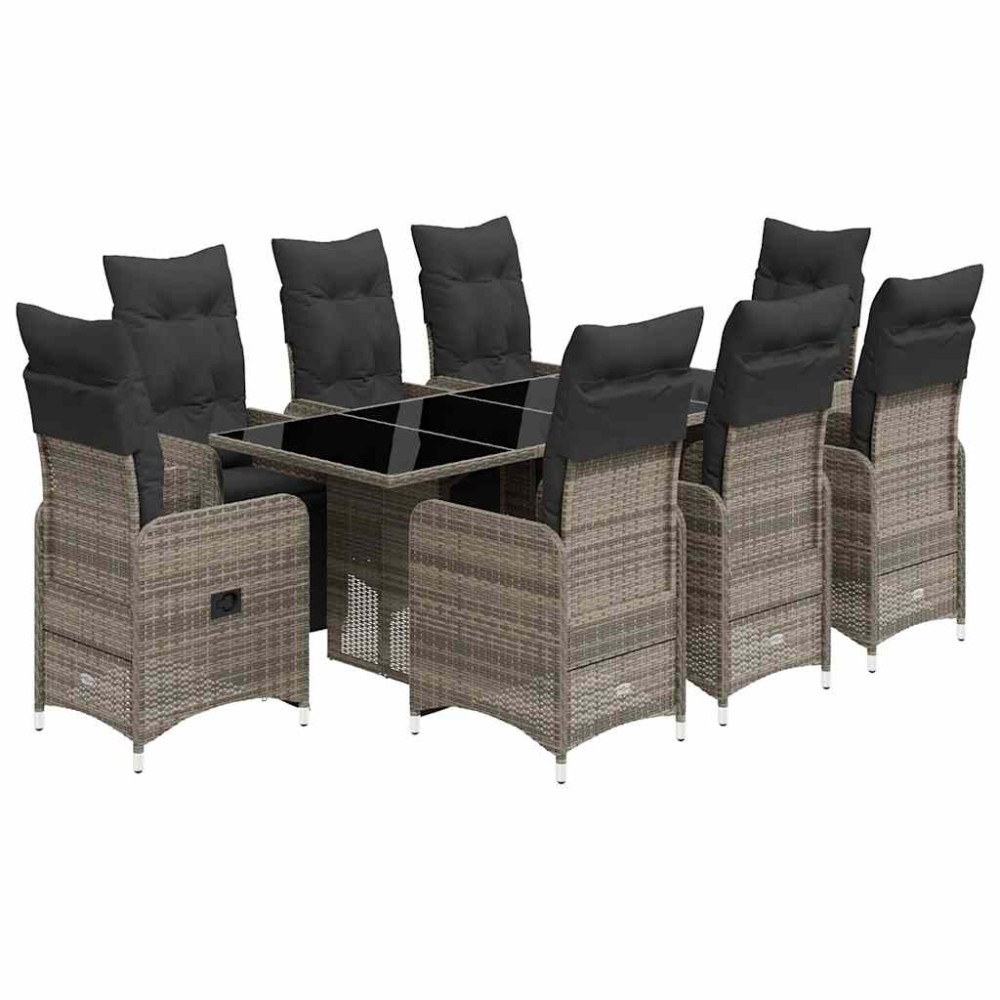 vidaXL Set bistro de grădină cu perne, 9 piese, gri, poliratan