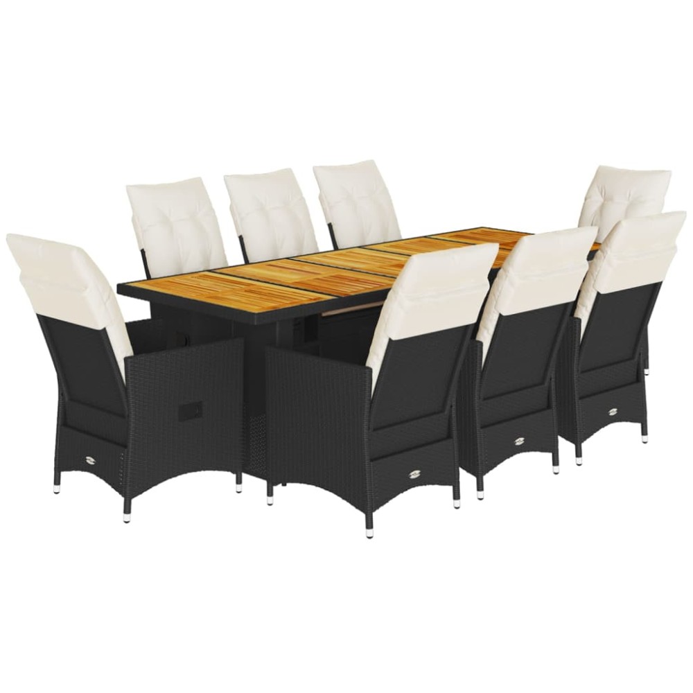 vidaXL Set bistro de grădină, 9 piese, cu perne, negru, poliratan