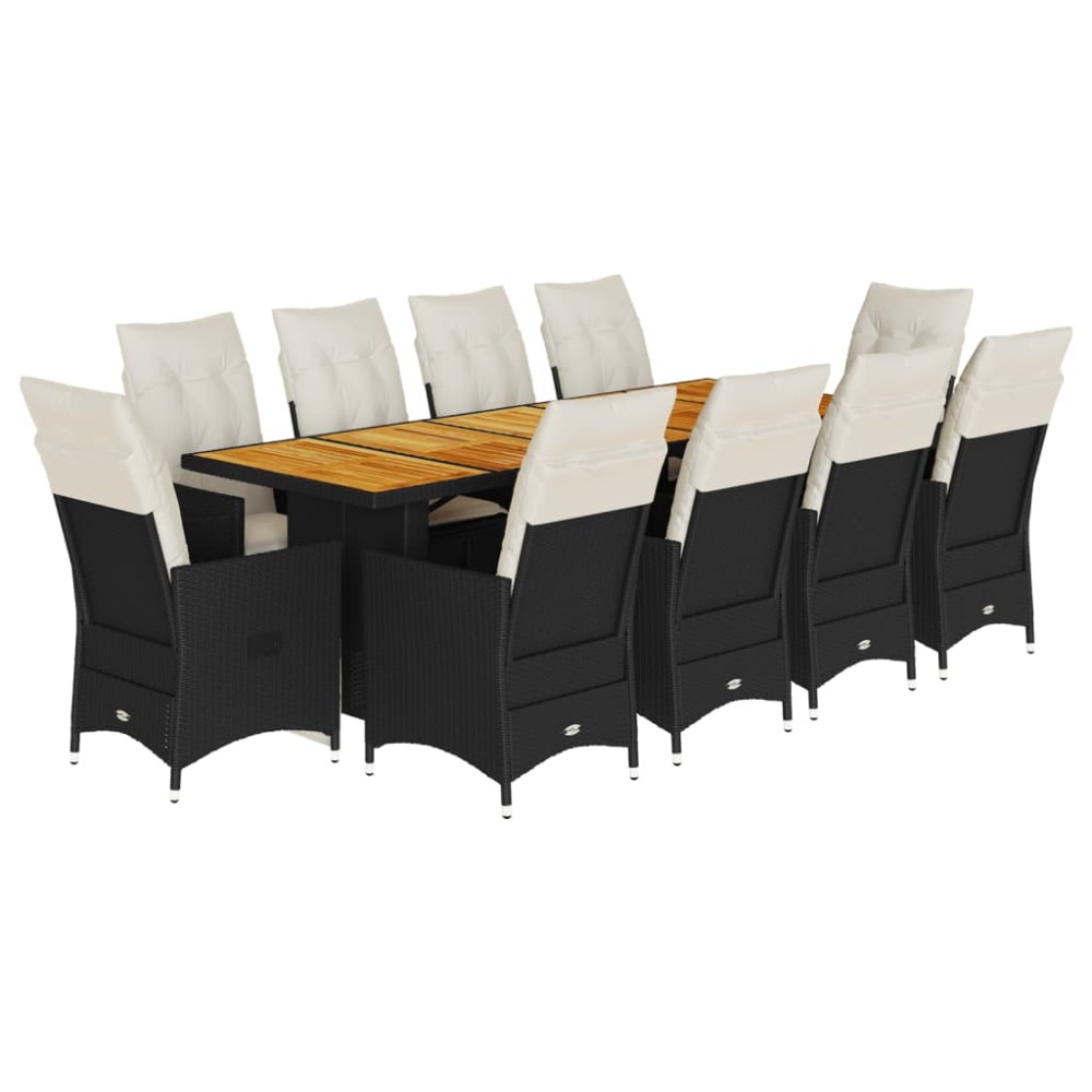 vidaXL Set bistro de grădină, 11 piese, cu perne, negru, poliratan