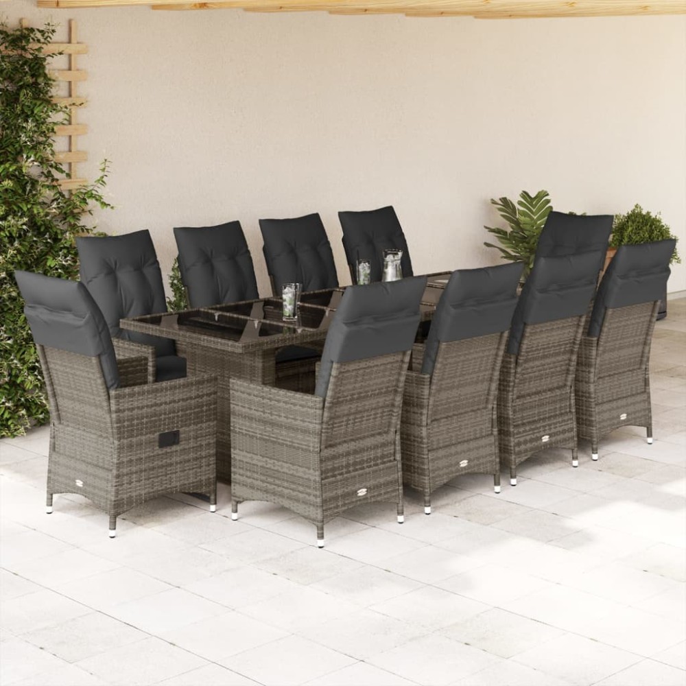 vidaXL Set bistro de grădină cu perne, 11 piese, gri, poliratan