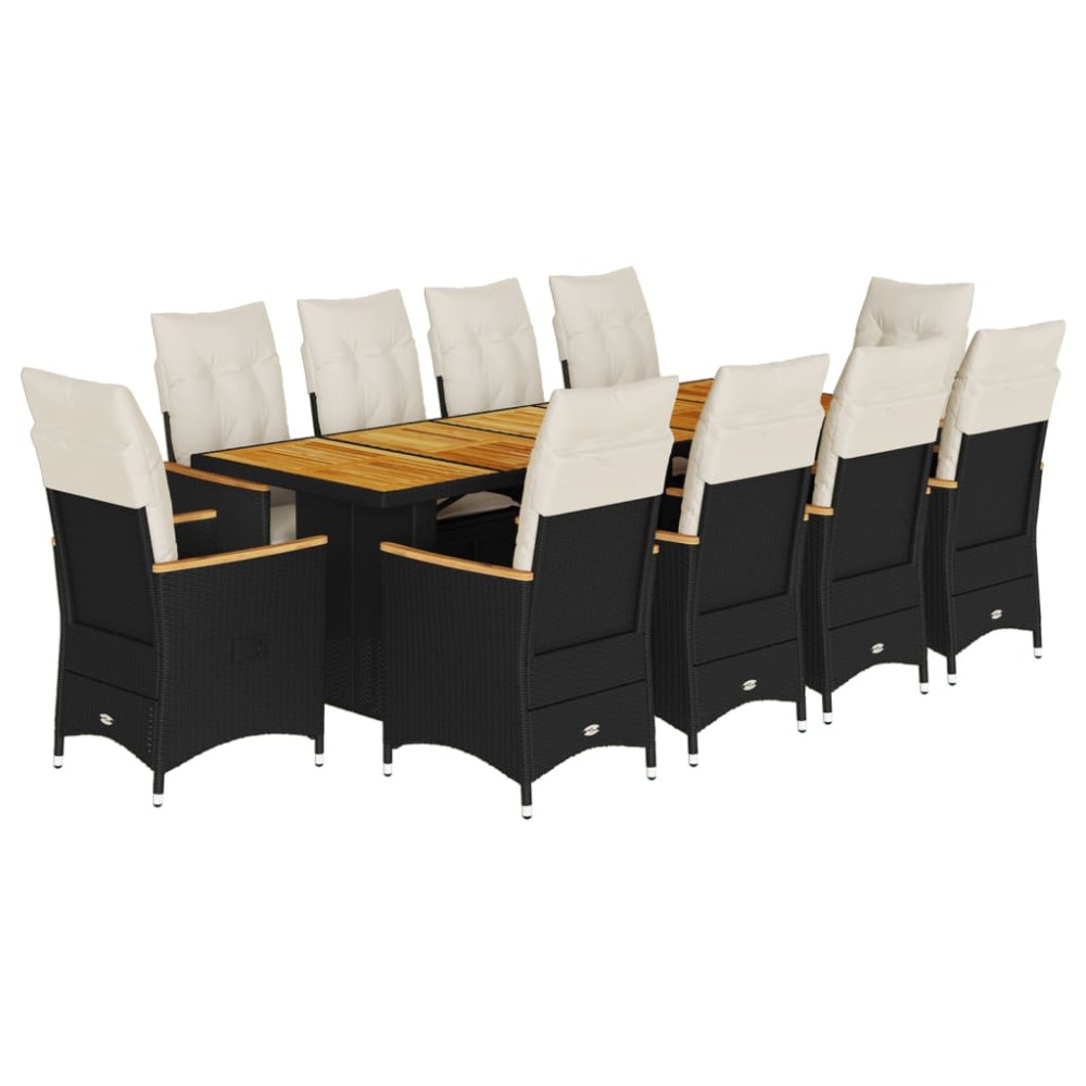 vidaXL Set bistro de grădină, 11 piese, cu perne, negru, poliratan