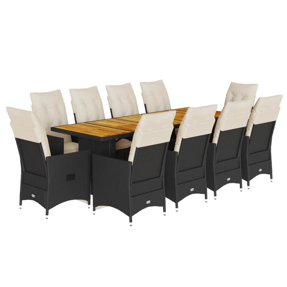 vidaXL Set bistro de grădină, 11 piese, cu perne, negru, poliratan