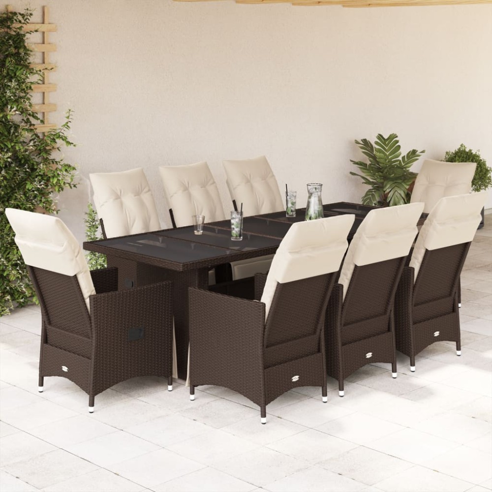 vidaXL Set bistro de grădină cu perne, 9 piese, maro, poliratan
