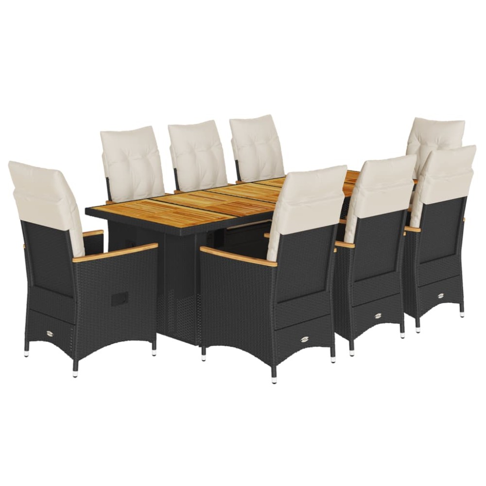 vidaXL Set bistro de grădină, 9 piese, cu perne, negru, poliratan