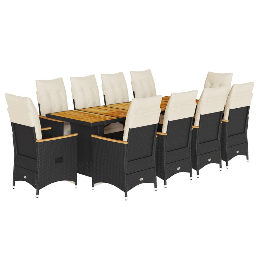 vidaXL Set bistro de grădină, 11 piese, cu perne, negru, poliratan