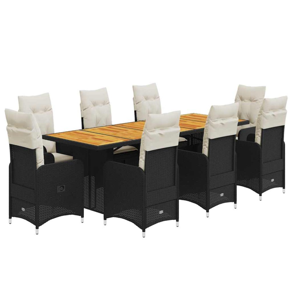 vidaXL Set bistro de grădină, 9 piese, cu perne, negru, poliratan