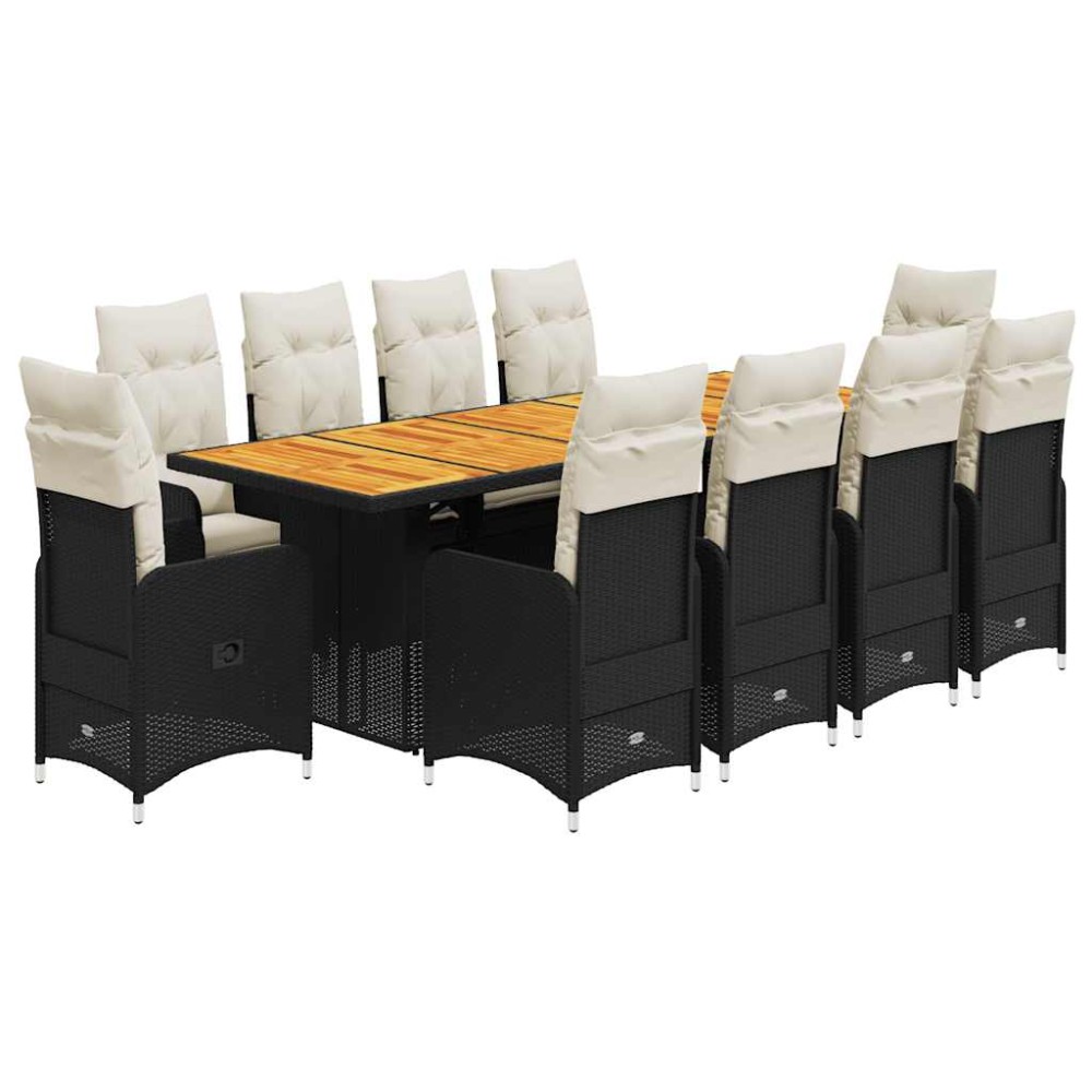 vidaXL Set bistro de grădină, 11 piese, cu perne, negru, poliratan