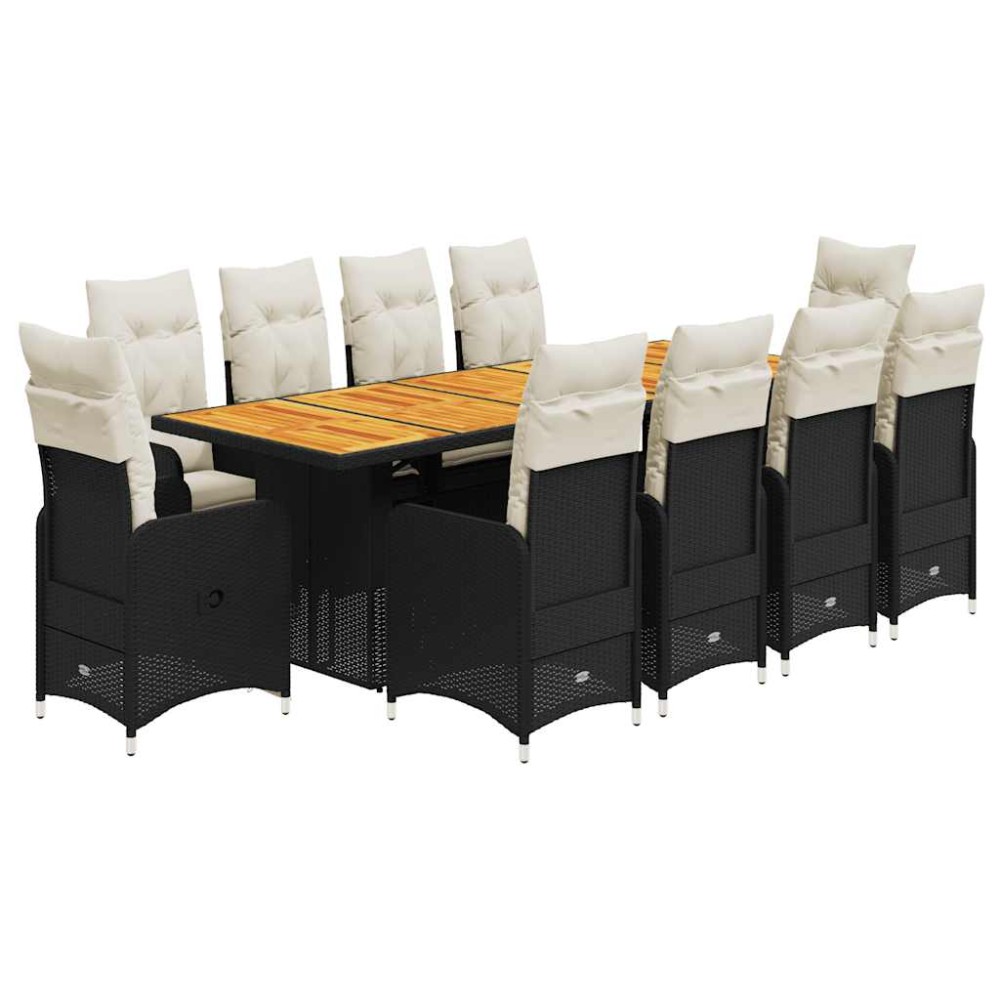 vidaXL Set bistro de grădină, 11 piese, cu perne, negru, poliratan