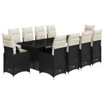 vidaXL Set bistro de grădină, 11 piese, cu perne, negru, poliratan