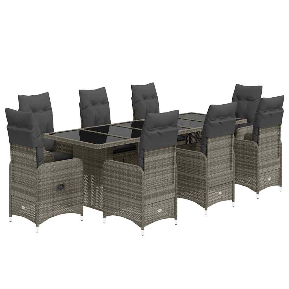 vidaXL Set bistro de grădină cu perne, 9 piese, gri, poliratan