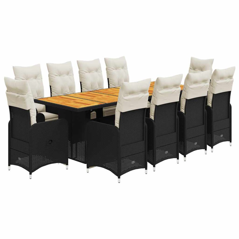 vidaXL Set bistro de grădină, 11 piese, cu perne, negru, poliratan
