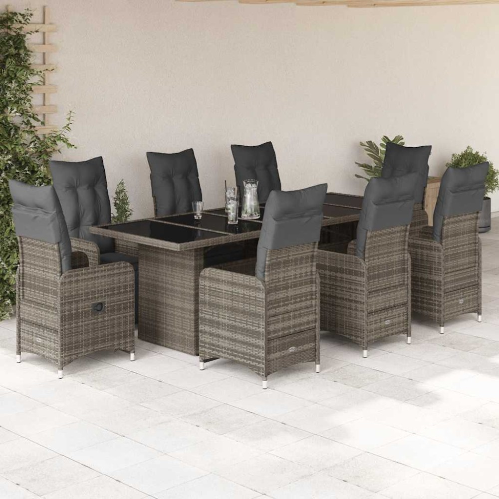 vidaXL Set bistro de grădină cu perne, 9 piese, gri, poliratan