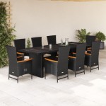 vidaXL Set mobilier de grădină cu perne, 9 piese, negru, poliratan