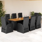 vidaXL Set mobilier de grădină cu perne, 9 piese, negru, poliratan