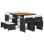 vidaXL Set mobilier de grădină cu perne, 9 piese, negru, poliratan