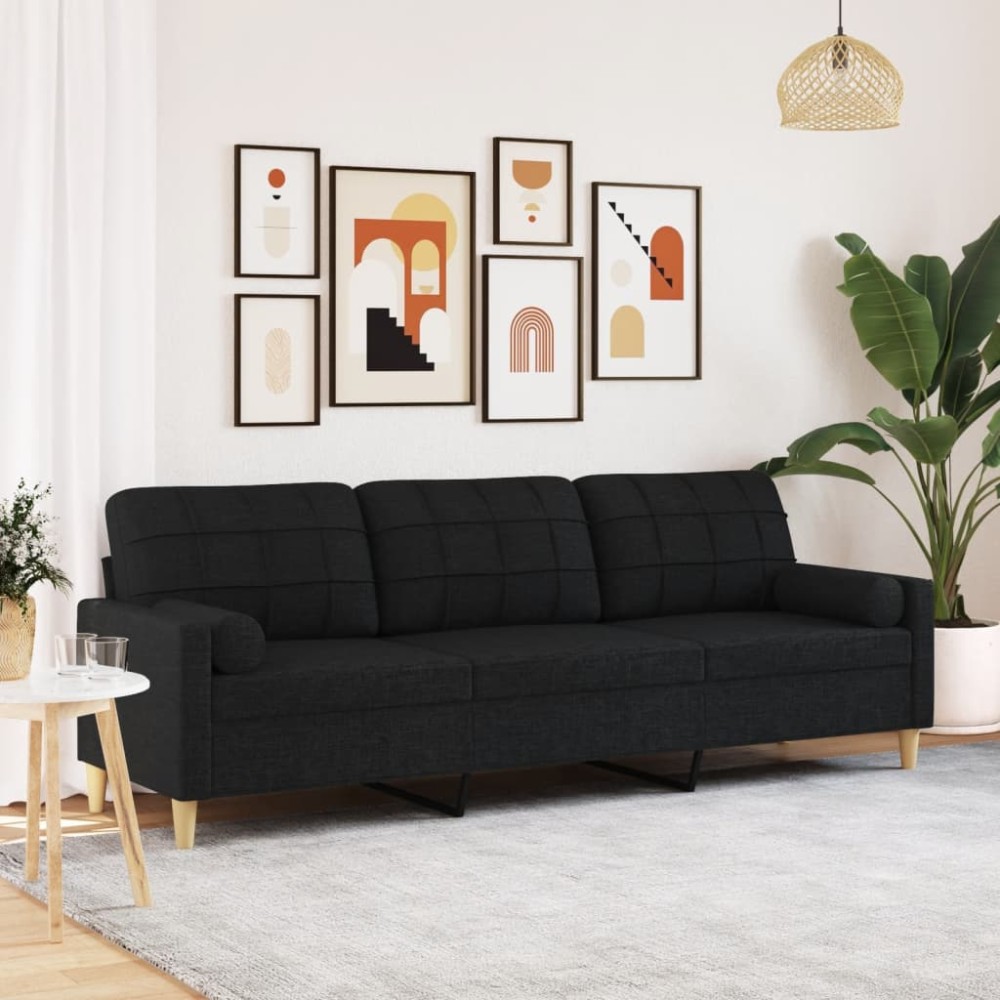 vidaXL Canapea cu 3 locuri cu pernuțe, negru, 210 cm, textil