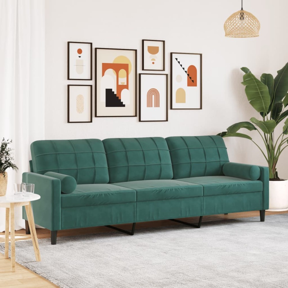 vidaXL Canapea cu 3 locuri cu pernuțe, verde închis, 210 cm, catifea
