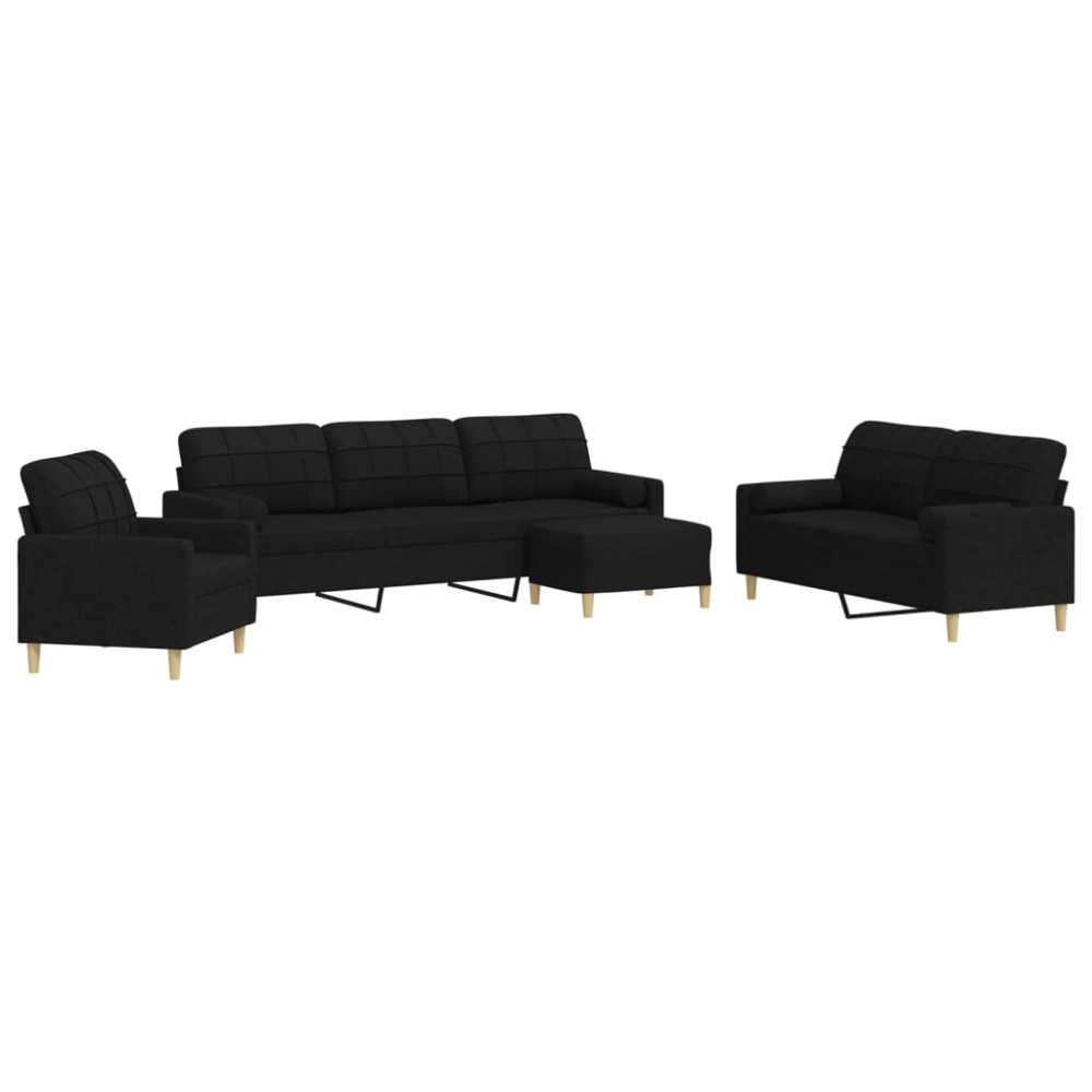 vidaXL Set canapele cu taburet și perne, 4 piese, negru, textil