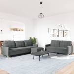 vidaXL Set de canapele cu taburet, 3 piese, gri închis, textil