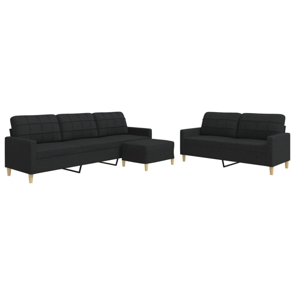 vidaXL Set de canapele cu taburet, 3 piese, negru, textil