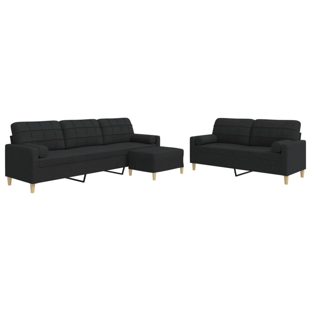 vidaXL Set canapele cu taburet și perne, 3 piese, negru, textil