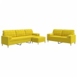 vidaXL Set canapele cu taburet/perne, 3 piese, galben deschis, textil