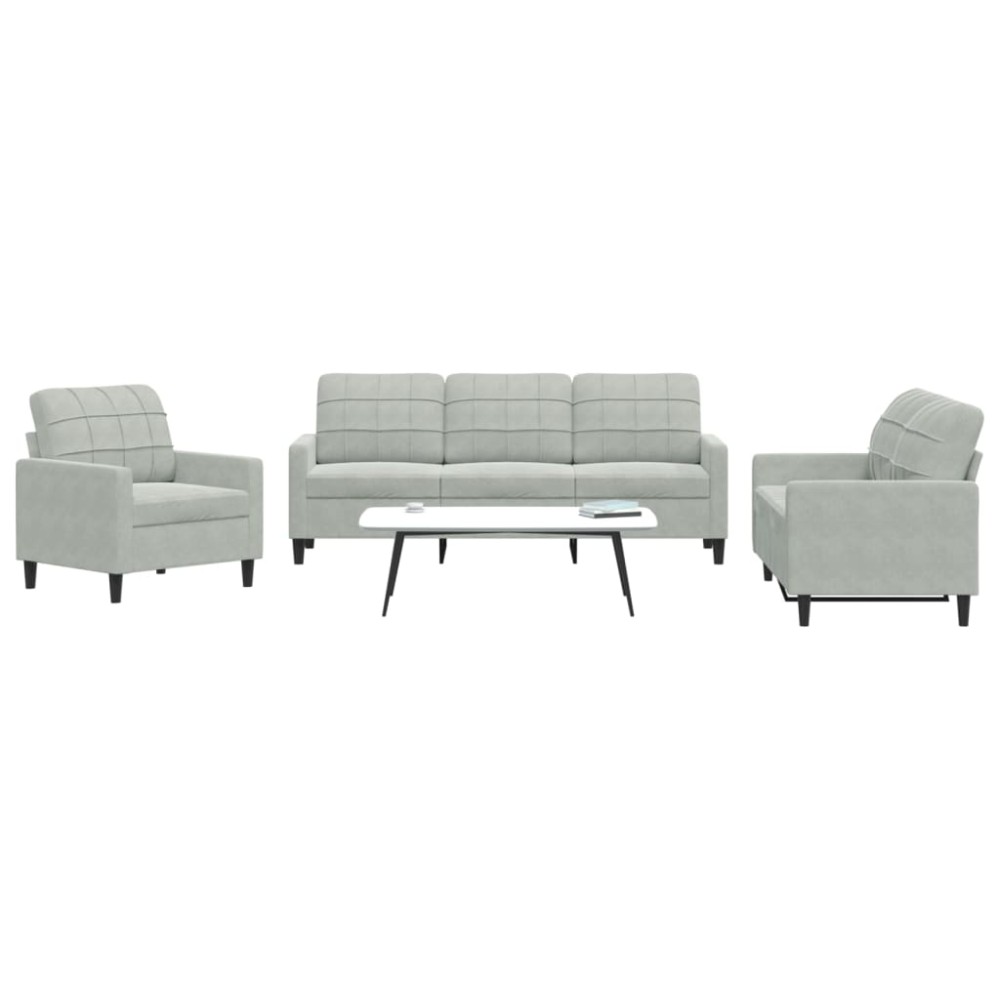 vidaXL Set de canapele cu perne, 3 piese, gri deschis, catifea