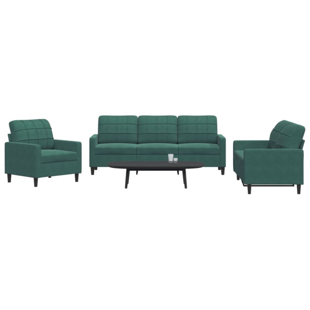 vidaXL Set de canapele cu perne, 3 piese, verde închis, catifea