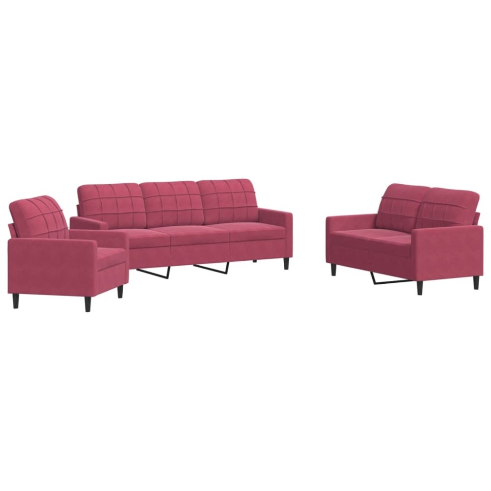 vidaXL Set canapea cu perne, 3 piese, roșu vin, catifea