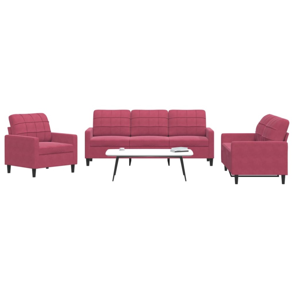 vidaXL Set canapea cu perne, 3 piese, roșu vin, catifea