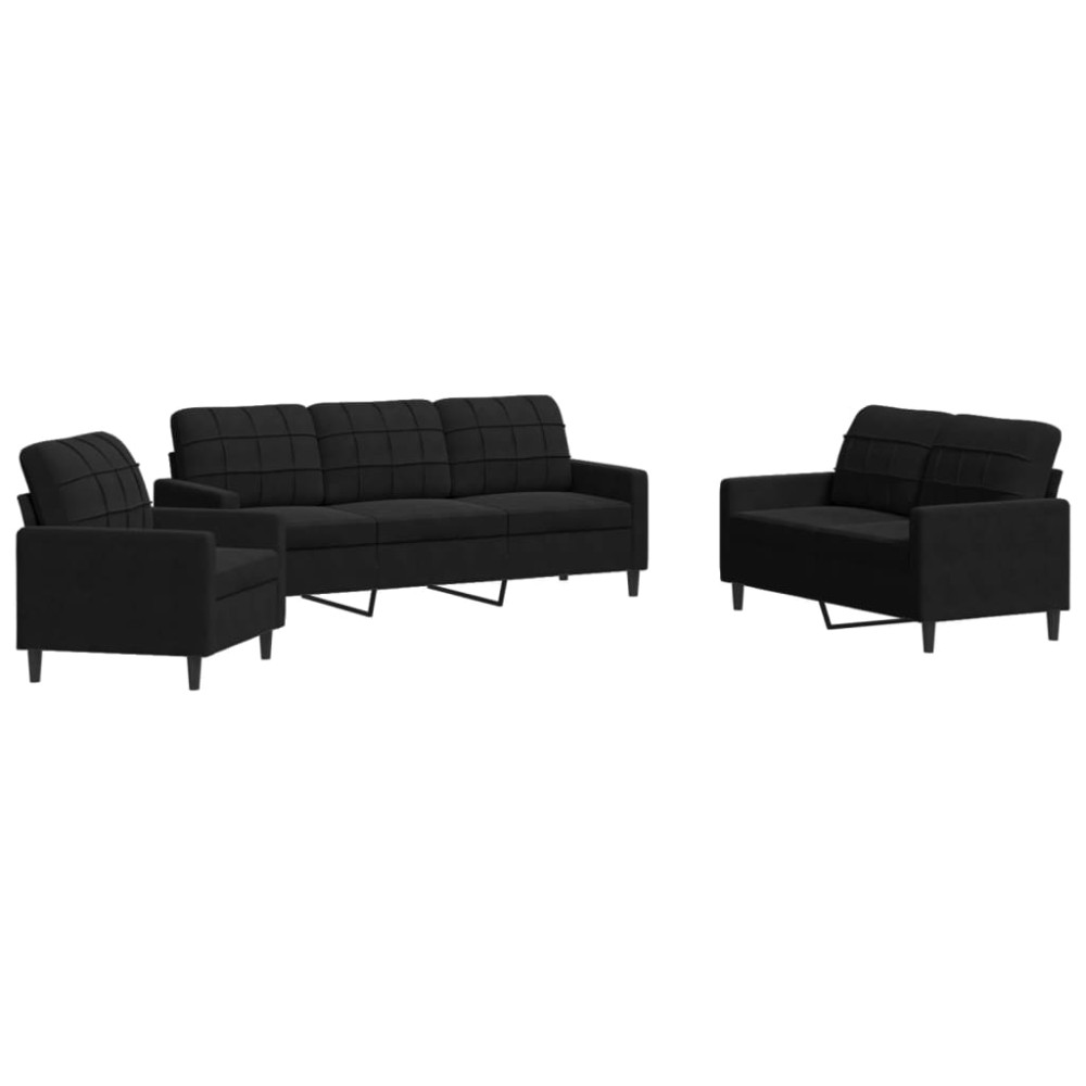 vidaXL Set de canapele cu perne, 3 piese, negru, catifea