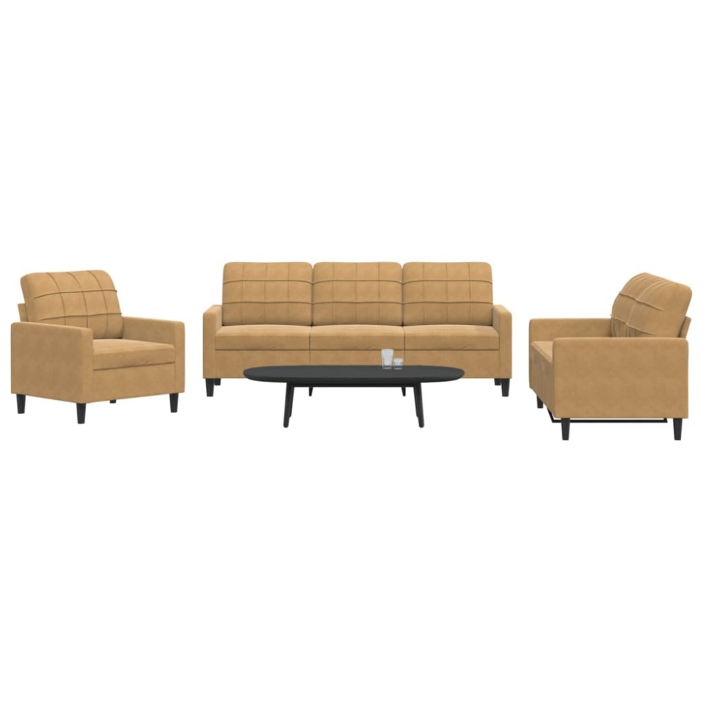 vidaXL Set de canapele cu perne, 3 piese, maro, catifea