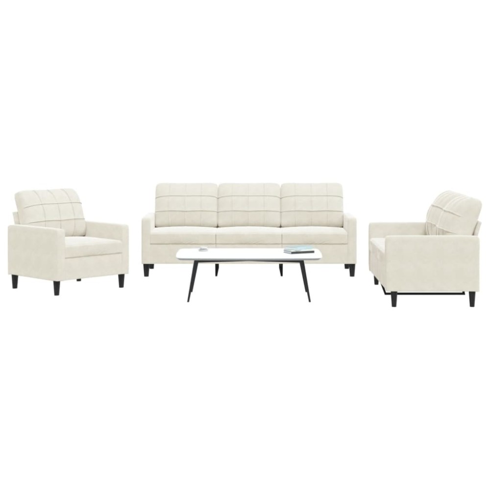 vidaXL Set de canapele cu perne, 3 piese, crem, catifea