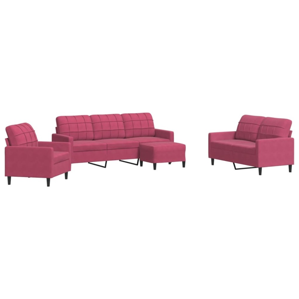 vidaXL Set canapele cu perne, 4 piese, roșu vin, catifea