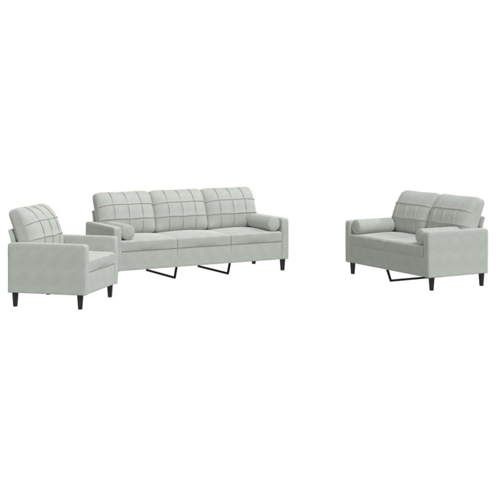 vidaXL Set de canapele cu perne, 3 piese, gri deschis, catifea