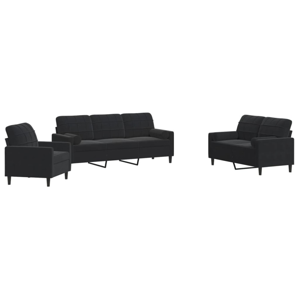 vidaXL Set de canapele cu perne/rulouri, 3 piese, negru, catifea